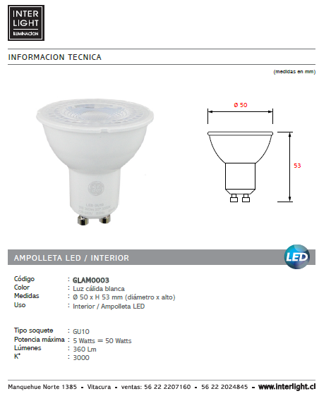 Ampolleta luz cálida LED GU10 5W - GLAM0003