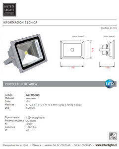 Proyector de área gris IP65 LED 20W - GLFO0009