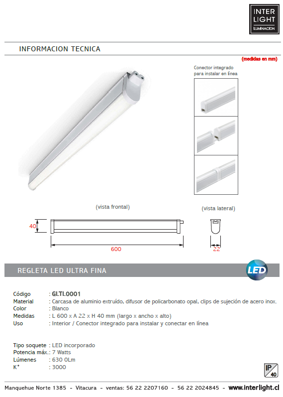 Regleta ultrafina largo 60cm LED IP40 7W 3000K - GLTL0001