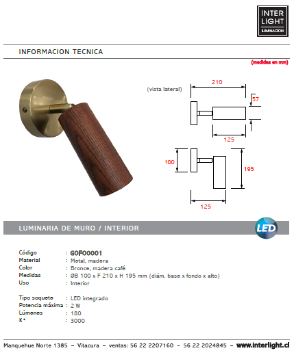 Foco muro bronce madera café LED 2W - GOFO0001