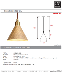 Lámpara colgante metal color madera clara Ø20 cm E27 - GOLC0006
