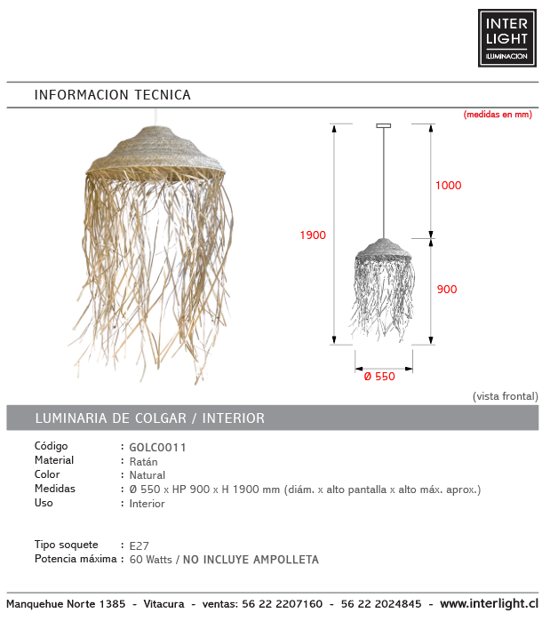 Lámpara colgante ratán natural Ø550 cm E27 - GOLC0011
