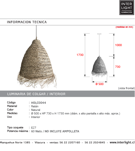 Lámpara colgante ratán natural Ø50 cm E27
