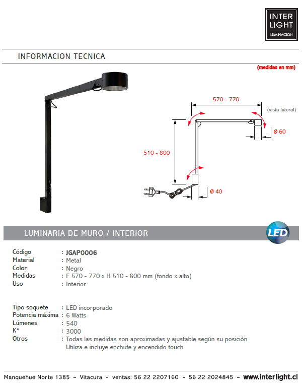 Apliqué metal negro articulado LED 6W - JGAP0006