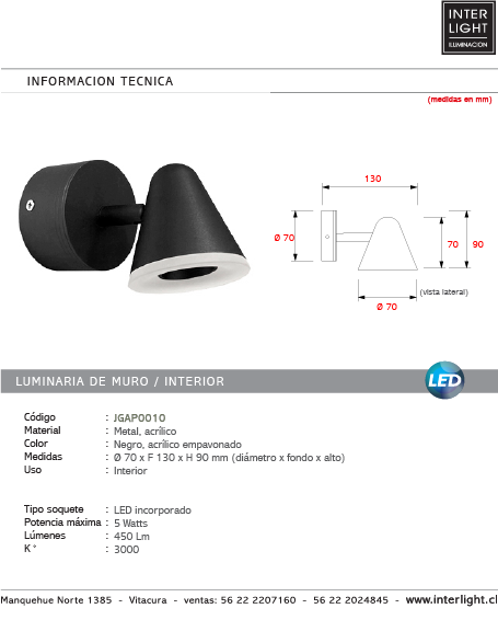 Apliqué metal negro acrílico empavonado LED 5W - JGAP0010