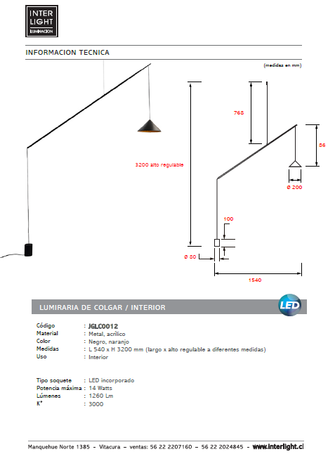 Lámpara colgante de suspensión negro naranjo LED 14W - JGLC0012