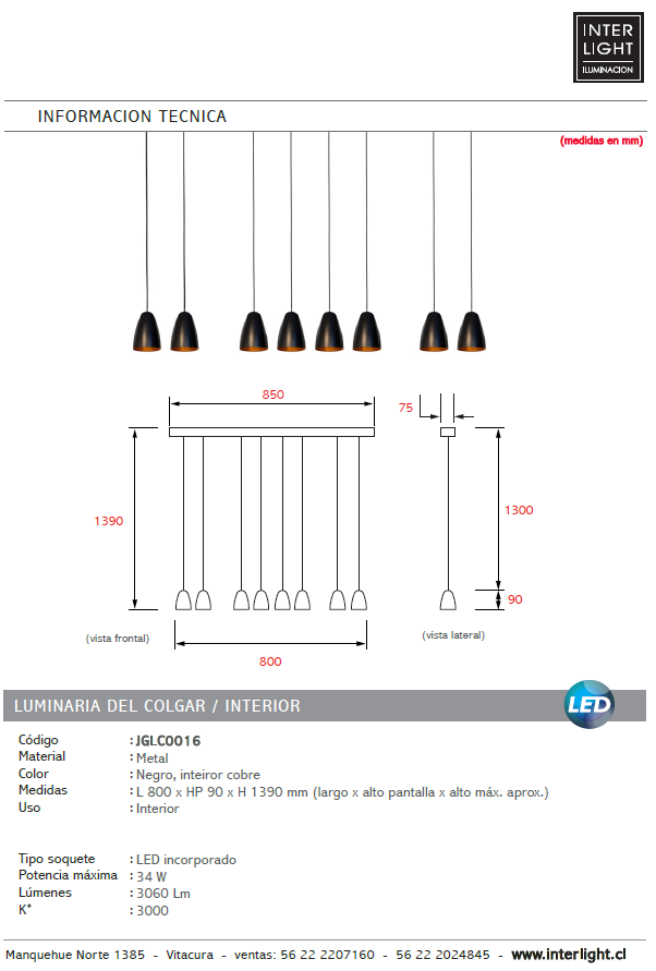 Lámpara colgante negro cobre 8 luces LED 34W - JGLC0016