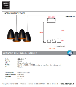 Lámpara colgante negro cobre 4 luces LED 36W - JGLC0017
