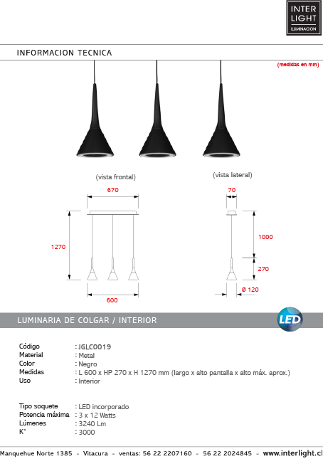 Lámpara colgante negro 60x27cm 3 luces LED 12W - JGLC0019