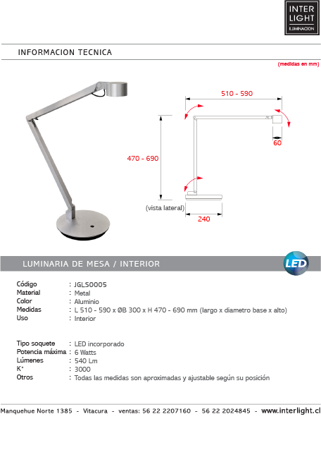Lámpara sobremesa articulado metal aluminio 6W - JGLS0005