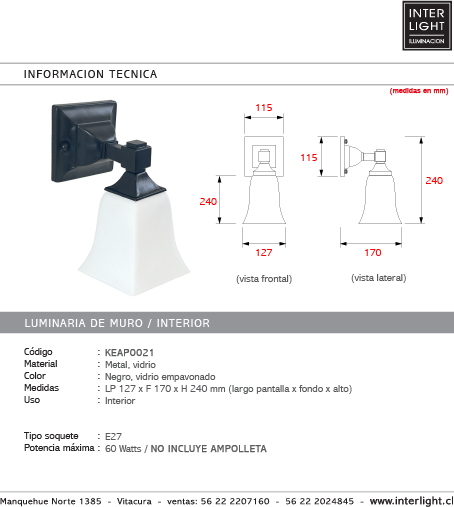 Apliqué metal negro vidrio empavonado E27 - KEAP0021