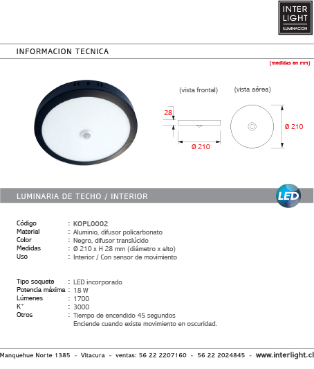Plafón aluminio negro con sensor de movimiento Ø21x2,8 cm LED 18W - KOPL0002
