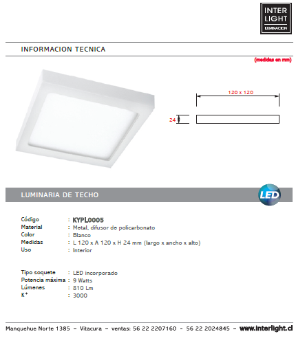 Plafón metal blanco 12x12 cm LED 9W - KYPL0005