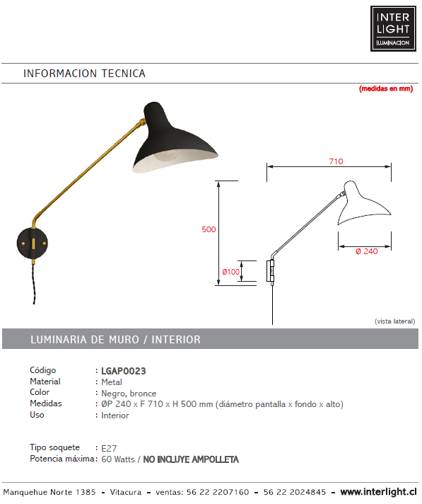 Apliqué negro bronce brazo dirigible Ø24 cm E27 - LGAP0023