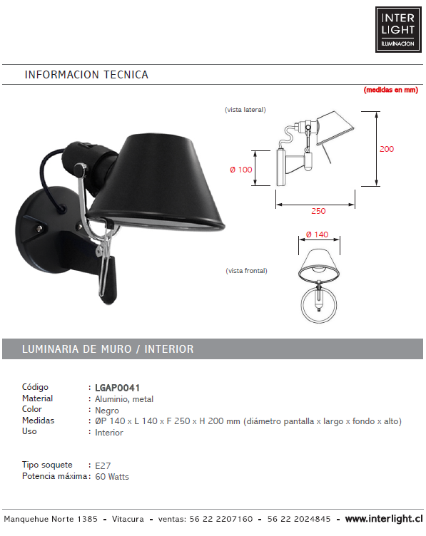 Apliqué negro movible Ø14x20 cm E27 - LGAP0041