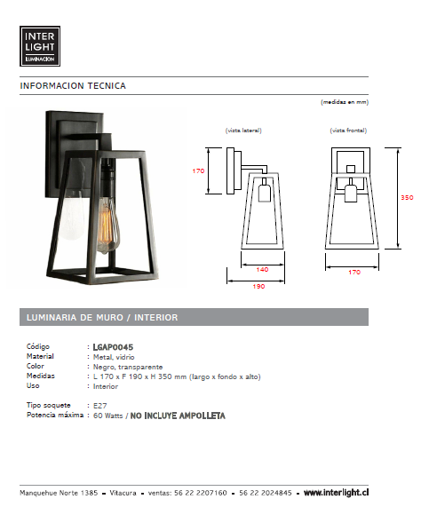 Apliqué metal vidrio negro 17x35 cm E27 - LGAP0045