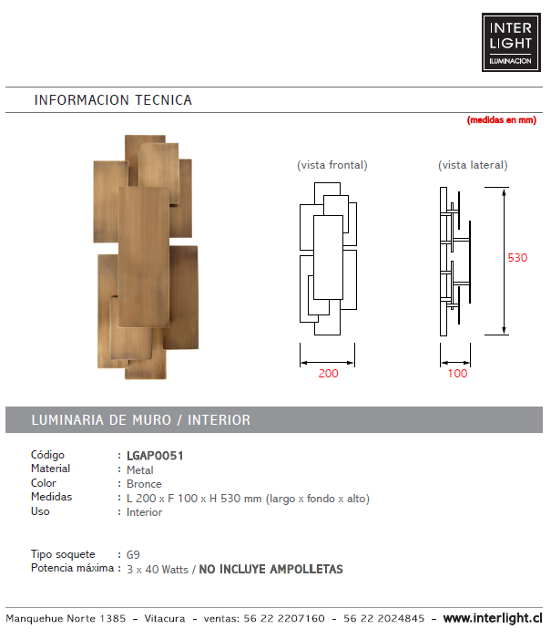 Apliqué metal bronce luz indirecta 3 luces G9 - LGAP0051