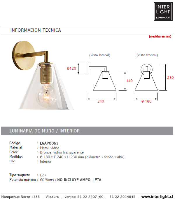 Apliqué metal vidrio bronce Ø18x23 cm E27 - LGAP0053