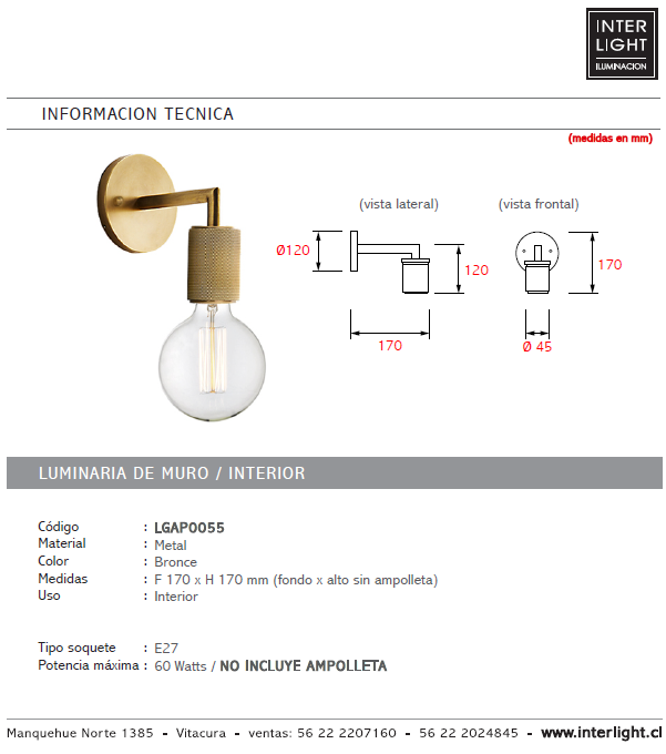 Apliqué metal bronce 17x17 cm E27 -LGAP0055