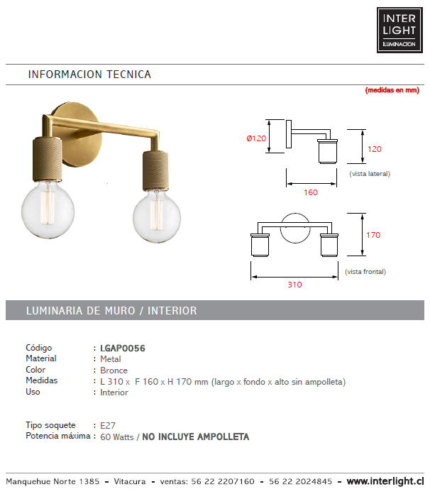 Apliqué metal bronce 21x16x17 cm 2 luces E27 - LGAP0056