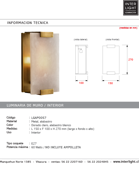 Apliqué metal alabastro bronce 15x27 cm E27 - LGAP0057