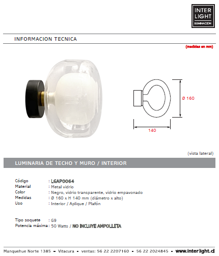 Apliqué metal vidrio negro Ø16x14 cm G9 - LGAP0064