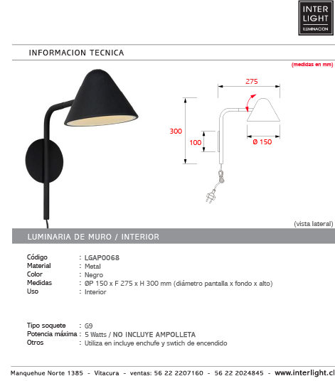 Aplique metal negro Ø15x30 cm G9 - LGAP0068