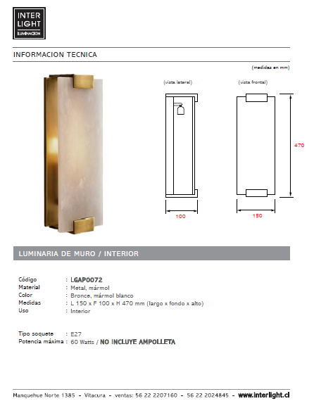Apliqué metal alabastro bronce 15x47 cm E27 - LGAP0072