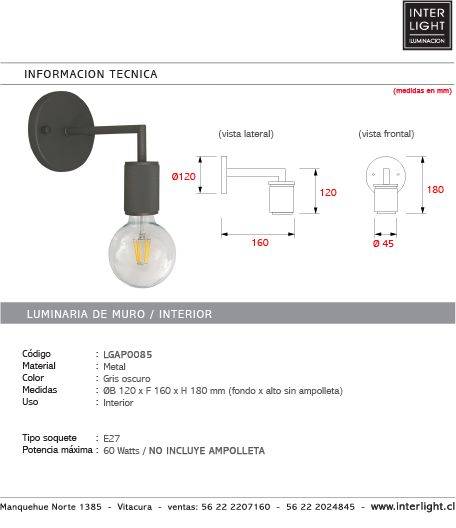 Apliqué metal gris oscuro Ø12x18 cm E27 -LGAP0085