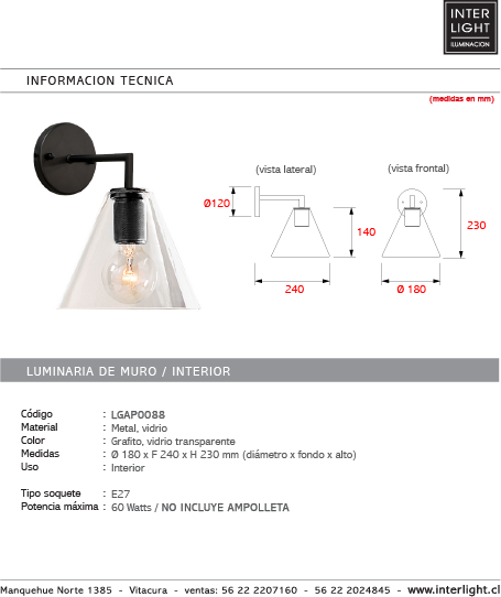Apliqué metal vidrio grafito 18x23 cm E27 - LGAP0088