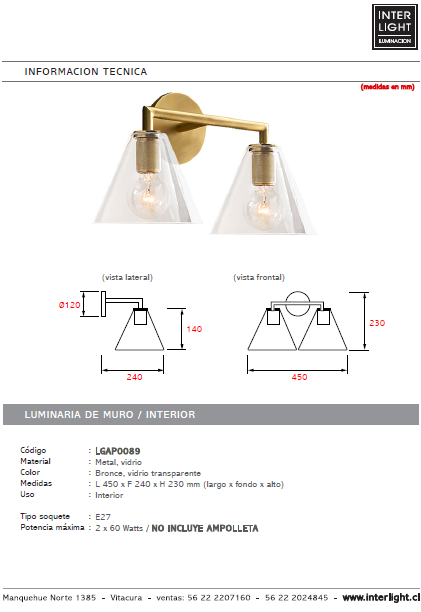 Apliqué metal vidrio bronce 2 luces  E27 - LGAP0089