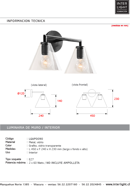 Aplique metal vidrio grafito 45x23 cm 2 luces E27 - LGAP0090