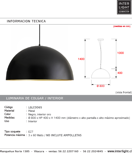 Lámpara colgante metal negro oro Ø80 cm 3 luces E27 - LGLC0065