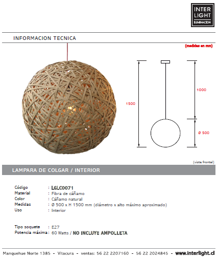 Lámpara colgante fibra de cañamo Ø 50 cm E27 - LGLC0071