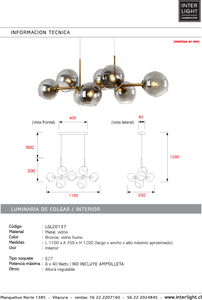 Lámpara colgante bronce vidrio humo 110 cm 8 luces E27 - LGLC0137