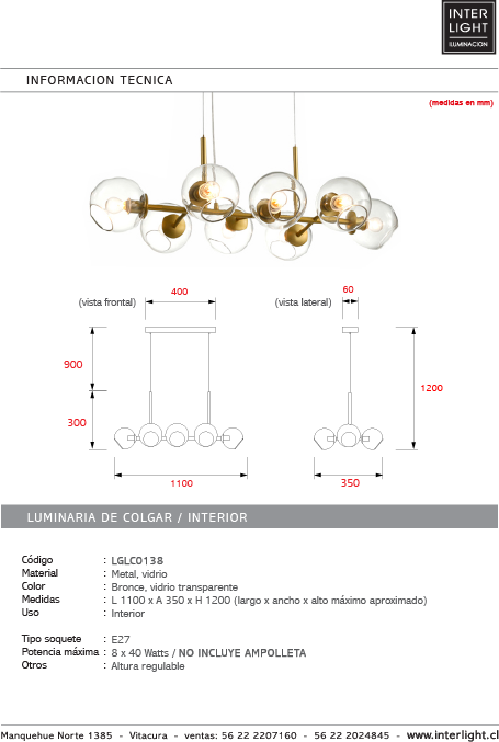 Lámpara colgante bronce vidrio transparente 110 cm 8 luces E27 - LGLC0138