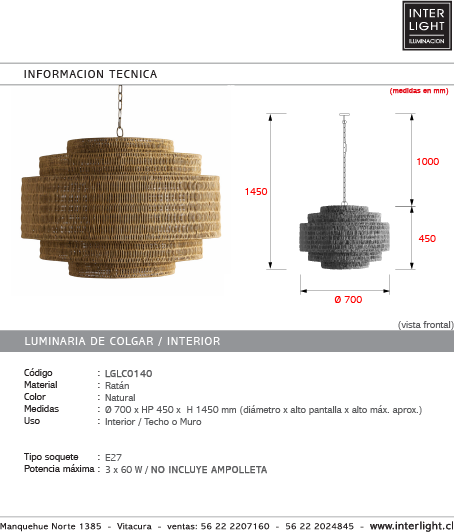 Lámpara colgante ratán natural Ø 70 cm 3 x E27 - LGLC0140