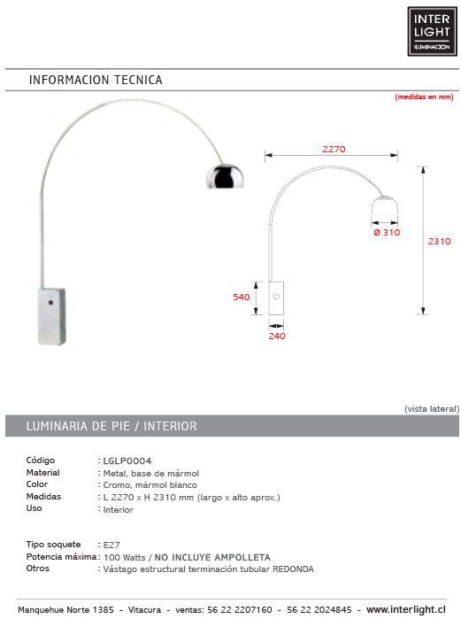 Lámpara de pie arco metal cromo mármol blanco E27 - LGLP0004