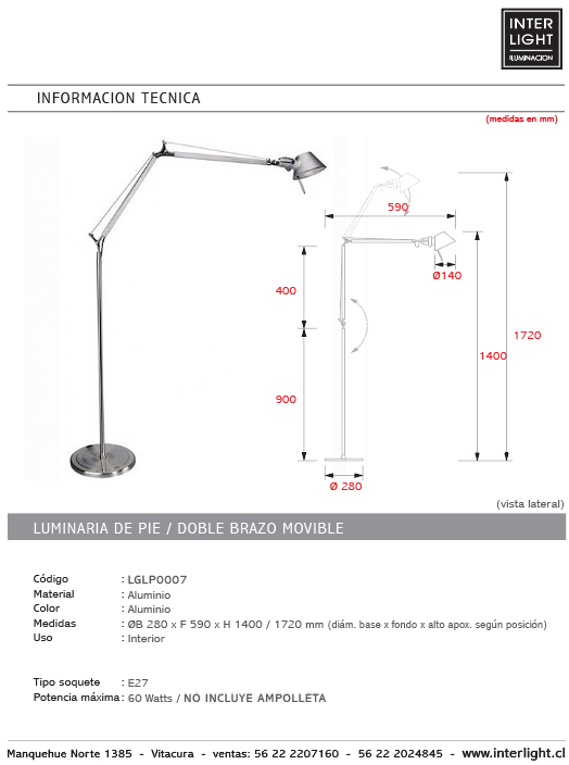 Lámpara de pie metal articulado cromo Ø28x1,72 cm E27 - LGLP0007