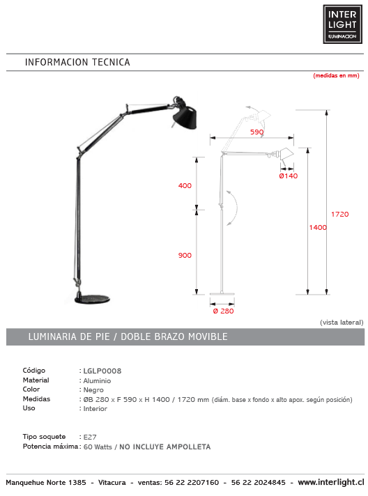 Lámpara de pie metal articulado negro Ø28x1,72 cm E27 - LGLP0008
