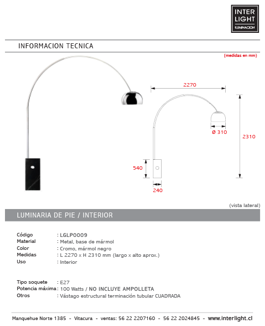 Lámpara de pie arco metal cromo mármol negro E27 - LGLP0009