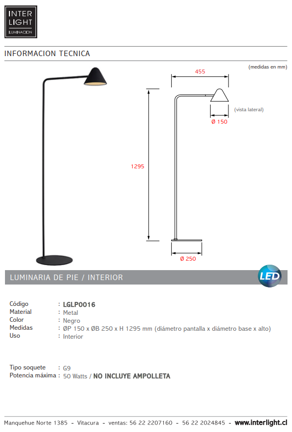 Lámpara de pie metal negro Ø15x1,295 cm G9 - LGLP0016