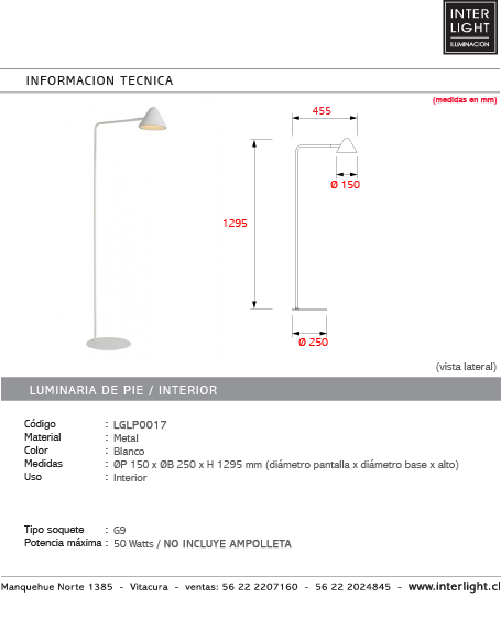 Lámpara de pie metal blanco Ø15x1,295 cm G9 - LGLP0017