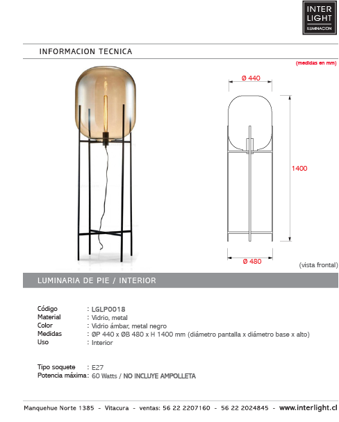 Lámpara de pie vidrio metal ámbar negro Ø44x1,40 cm E27 - LGLP0018