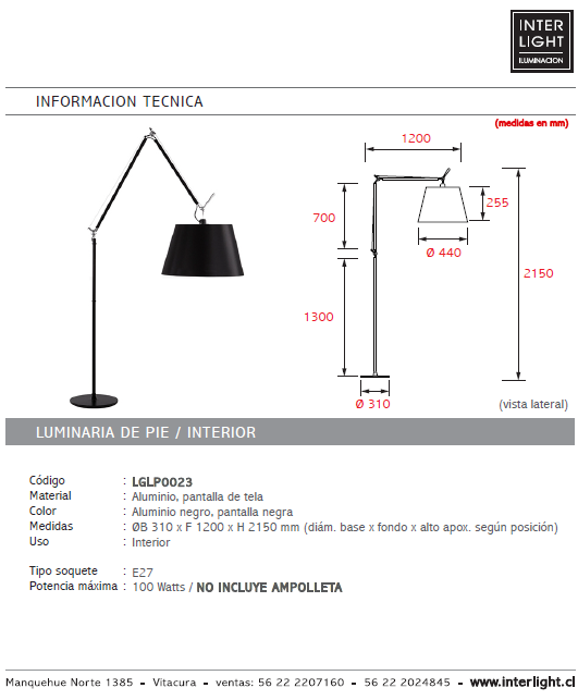 Lámpara de pie metal cromo negro pantalla de tela E27 - LGLP0023