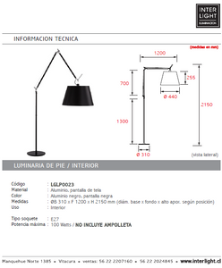 Lámpara de pie metal cromo negro pantalla de tela E27 - LGLP0023