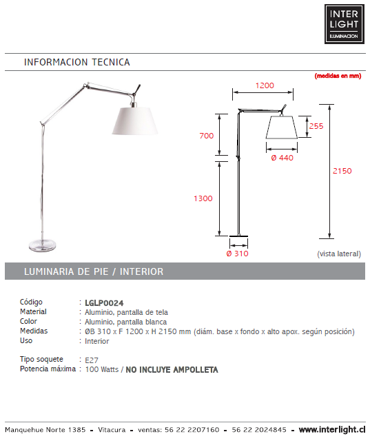 Lámpara de pie metal cromo blanco pantalla de tela E27 - LGLP0024