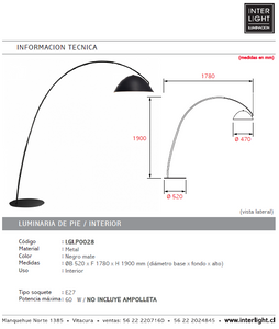 Lámpara de pie arco metal negro Ø52x17,8x1,90 cm E27 - LGLP0028