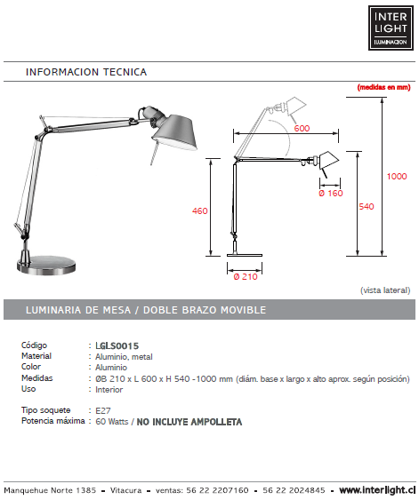Lámpara sobremesa metal articulado aluminio E27 - LGLS0015