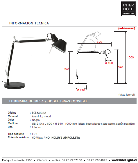 Lámpara sobremesa metal articulado negro E27 - LGLS0022